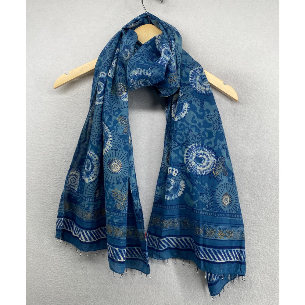Indigo Block Printed Scarf Womens Boho Wrap Beaded Tasseled Blue Gold 22" x 70"